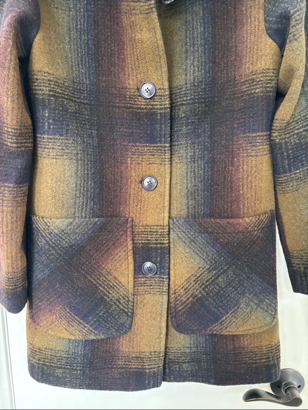 Pendleton Multicolor Plaid Wool Pea Coat in Mustard, Brown & Navy - Picture 4 of 8